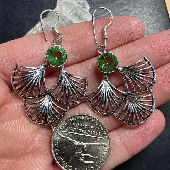 Peridot Ginkgo Leaf Earrings Crystal Stone Jewelry - Picture 4 of 5